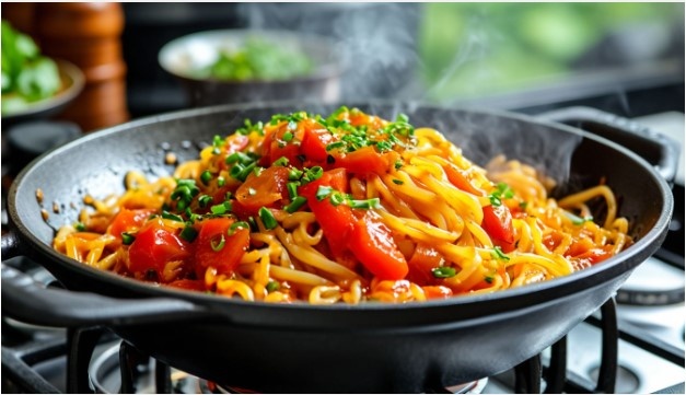 Сочетание восточных вкусов: лапша со свининой и ананасами